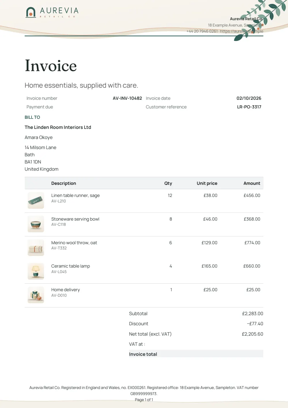 Page 1 of the invoice starter, made with the Aurevia sample brand.