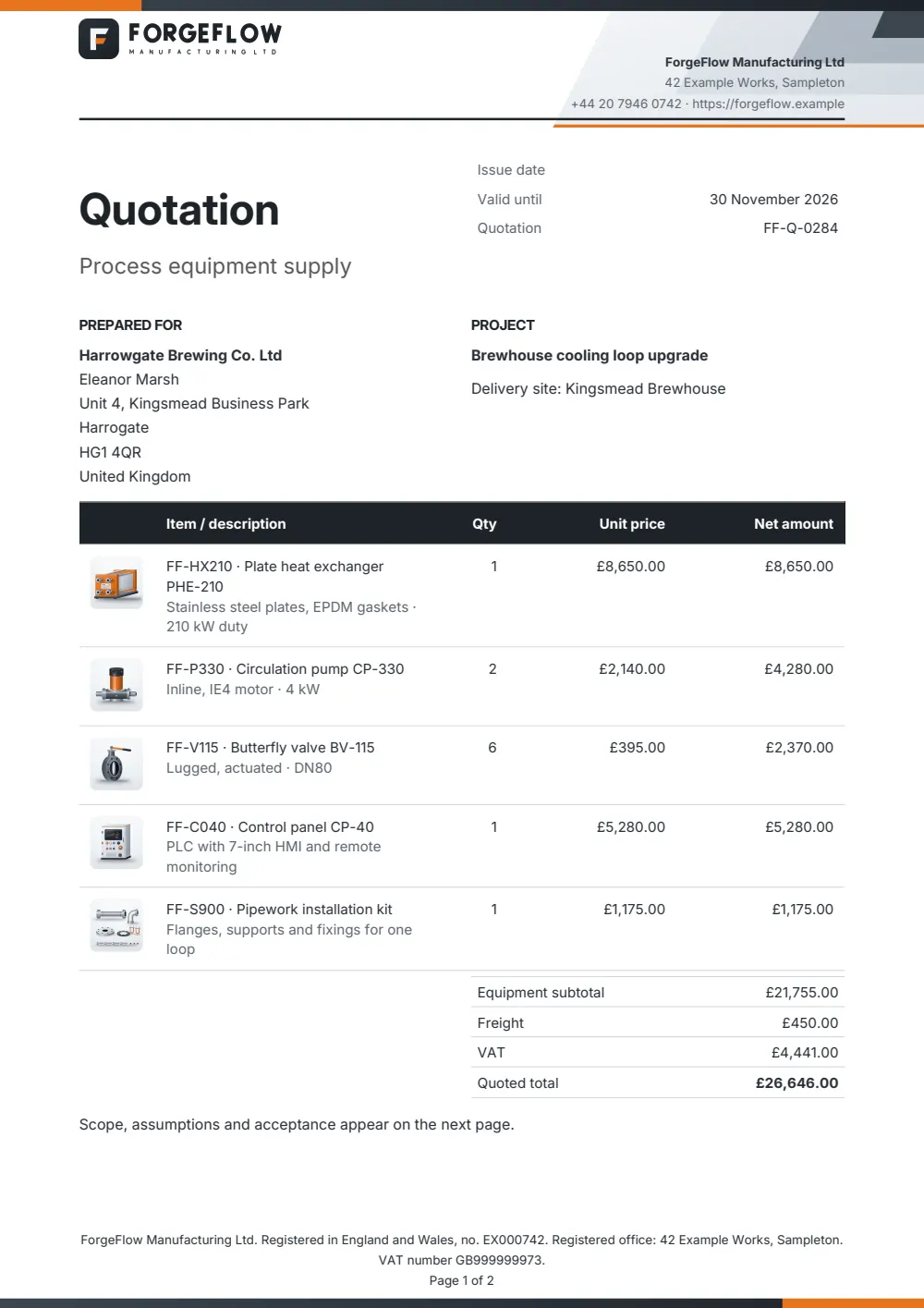 Page 1 of the quotation starter, made with the ForgeFlow sample brand.