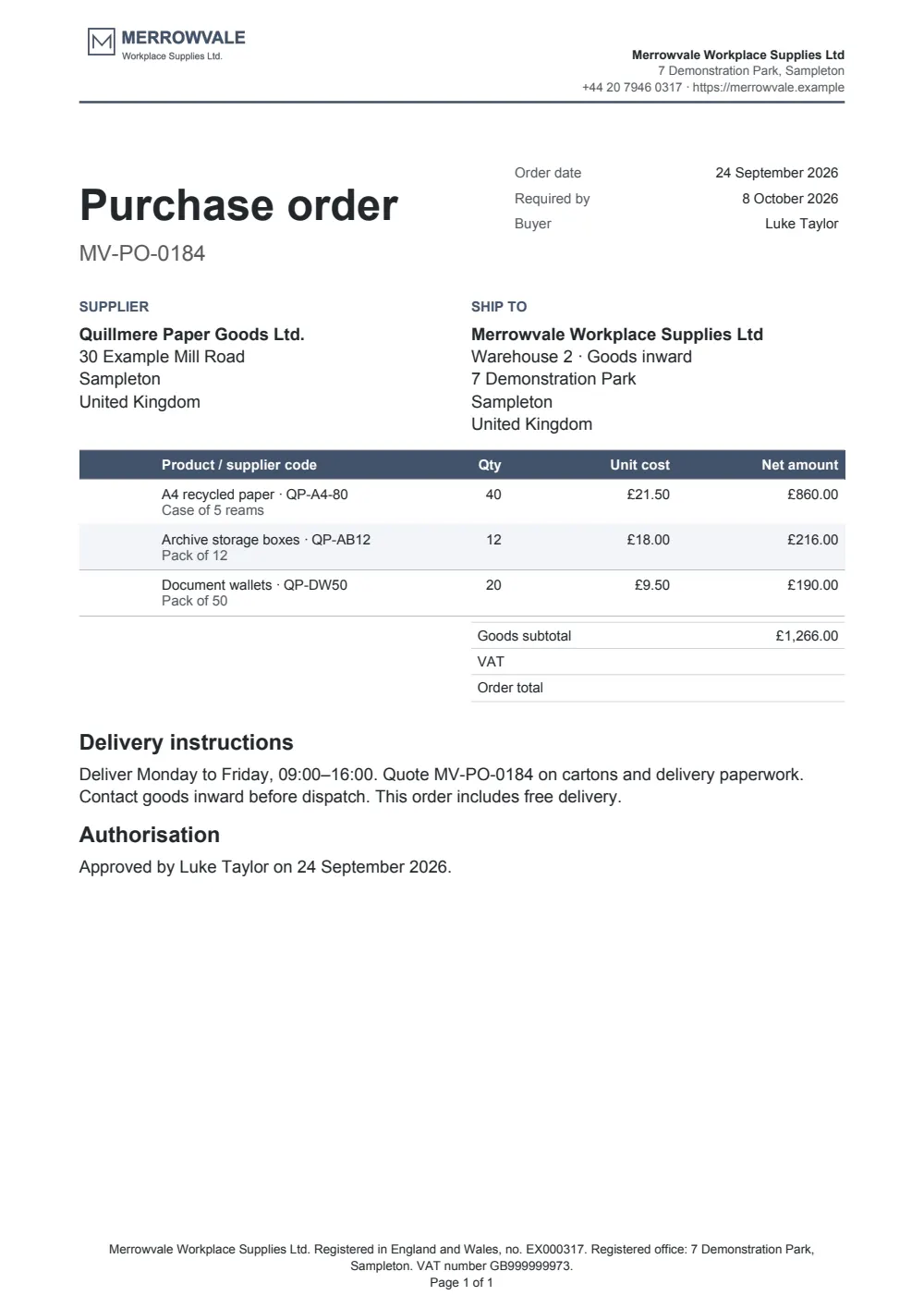 Page 1 of the purchase order starter, made with the Merrowvale sample brand.