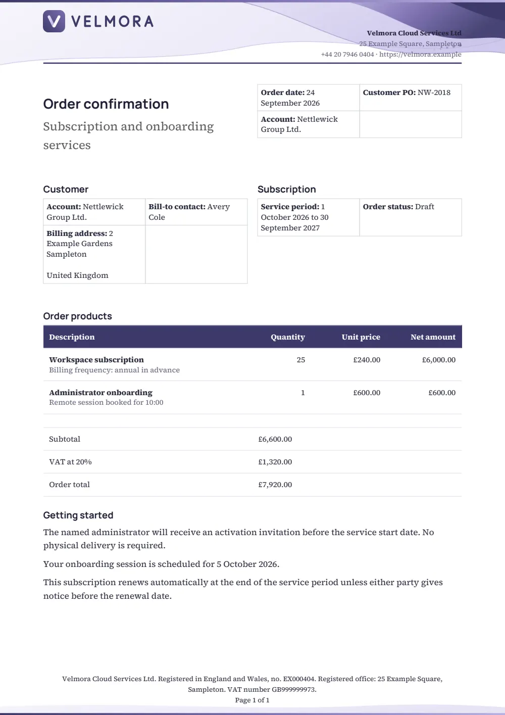 Page 1 of the order confirmation starter, made with the Velmora sample brand.