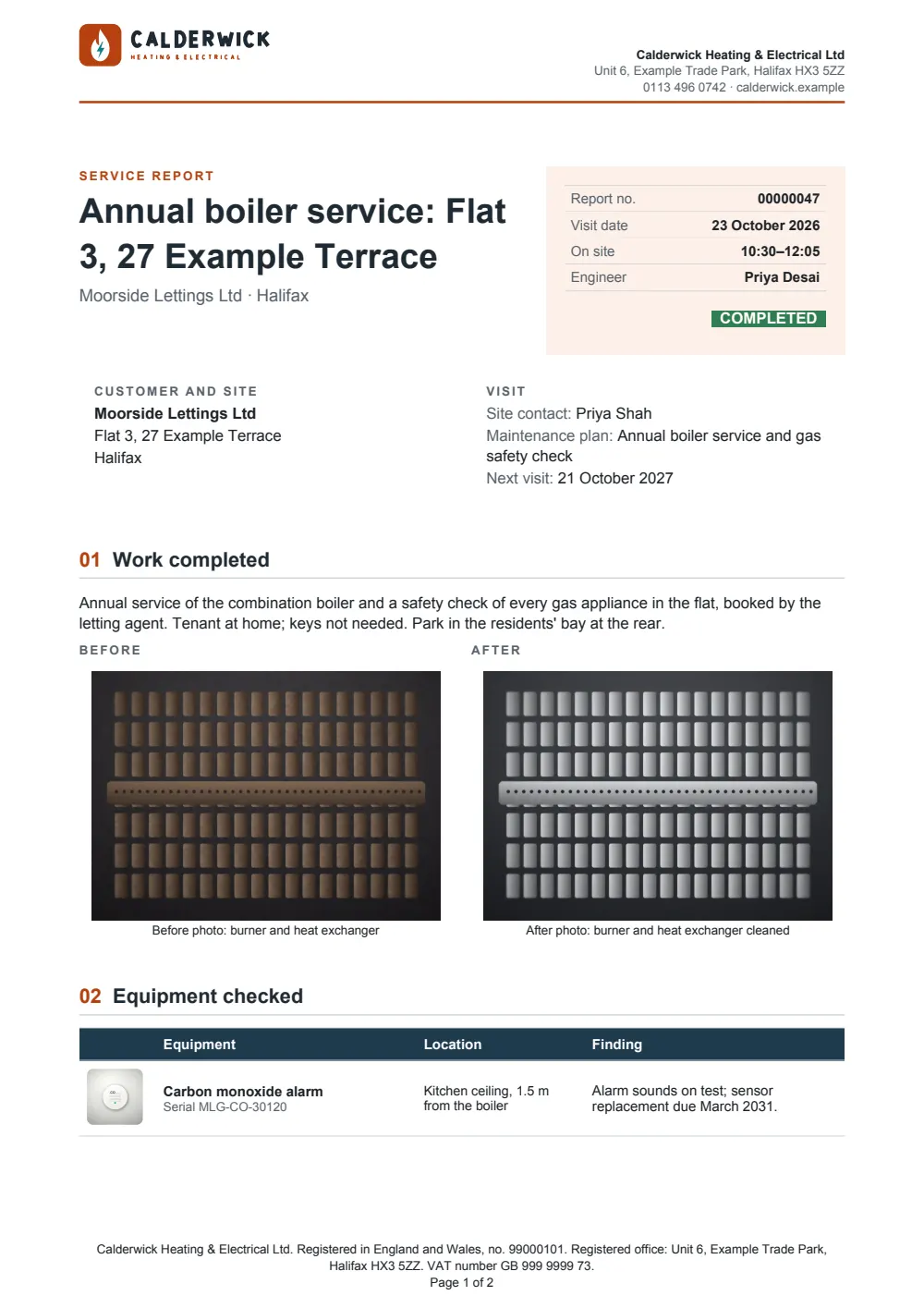 Page 1 of the service report starter, made with the Calderwick Heating & Electrical sample brand.