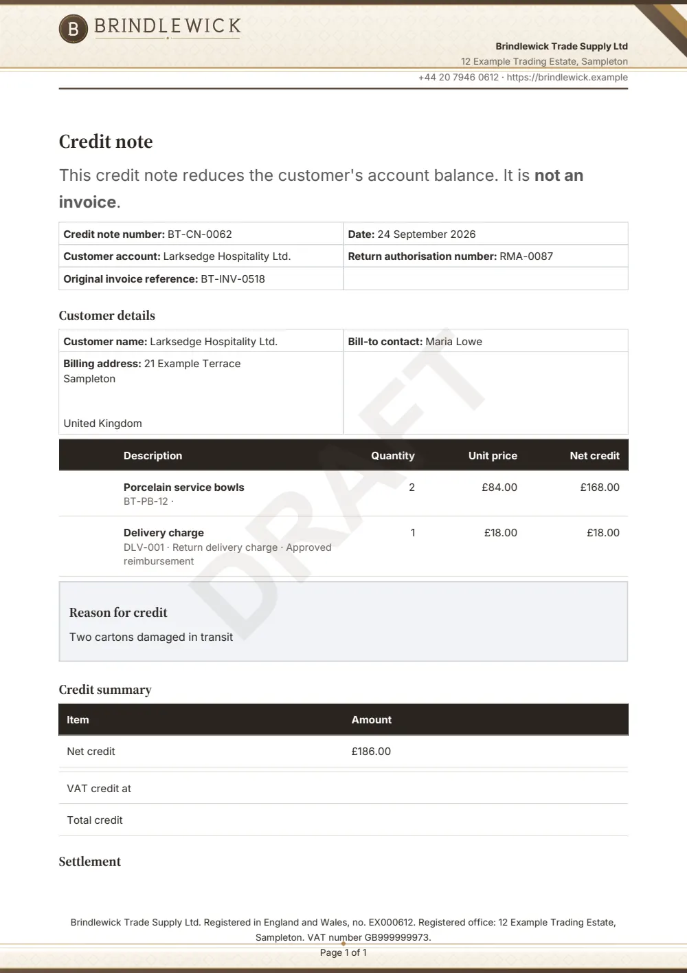 Page 1 of the credit note starter, made with the Brindlewick sample brand.