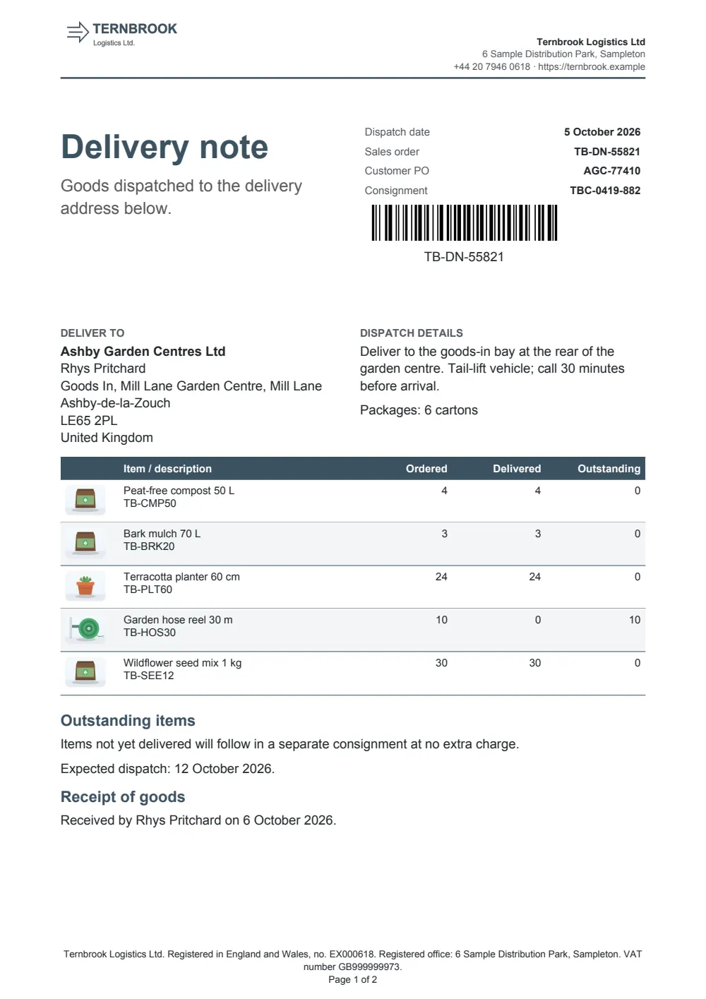 Page 1 of the delivery note starter, made with the Ternbrook sample brand.