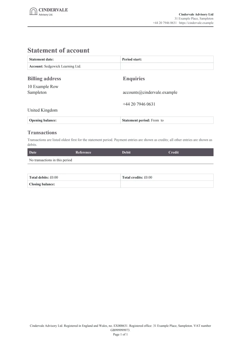 Page 1 of the statement of account starter, made with the Cindervale sample brand.