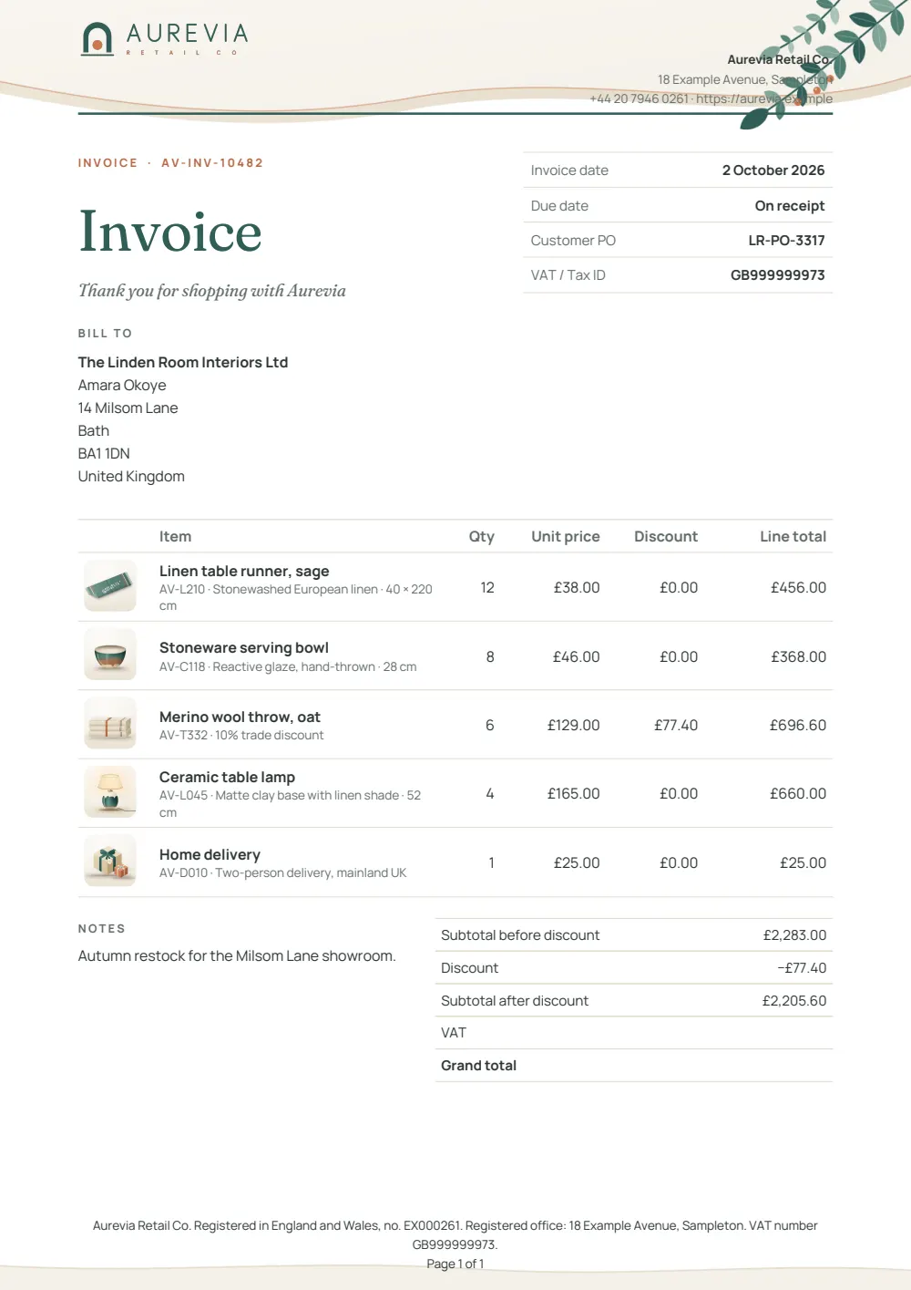 Page 1 of the branded invoice starter, made with the Aurevia sample brand.