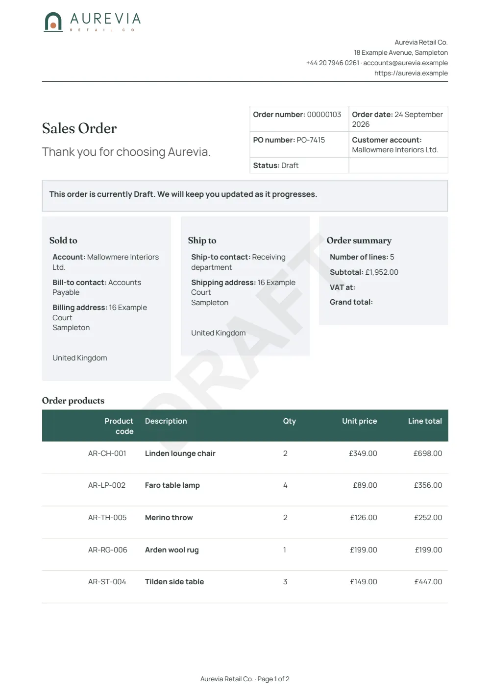 Page 1 of the branded sales order starter, made with the Aurevia sample brand.