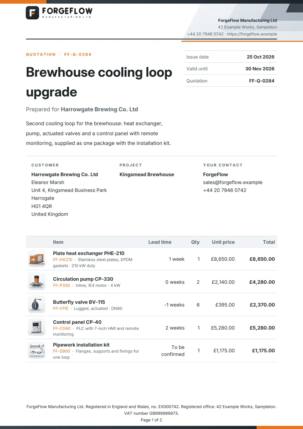 Page 1 of the branded quotation starter, made with the ForgeFlow sample brand.