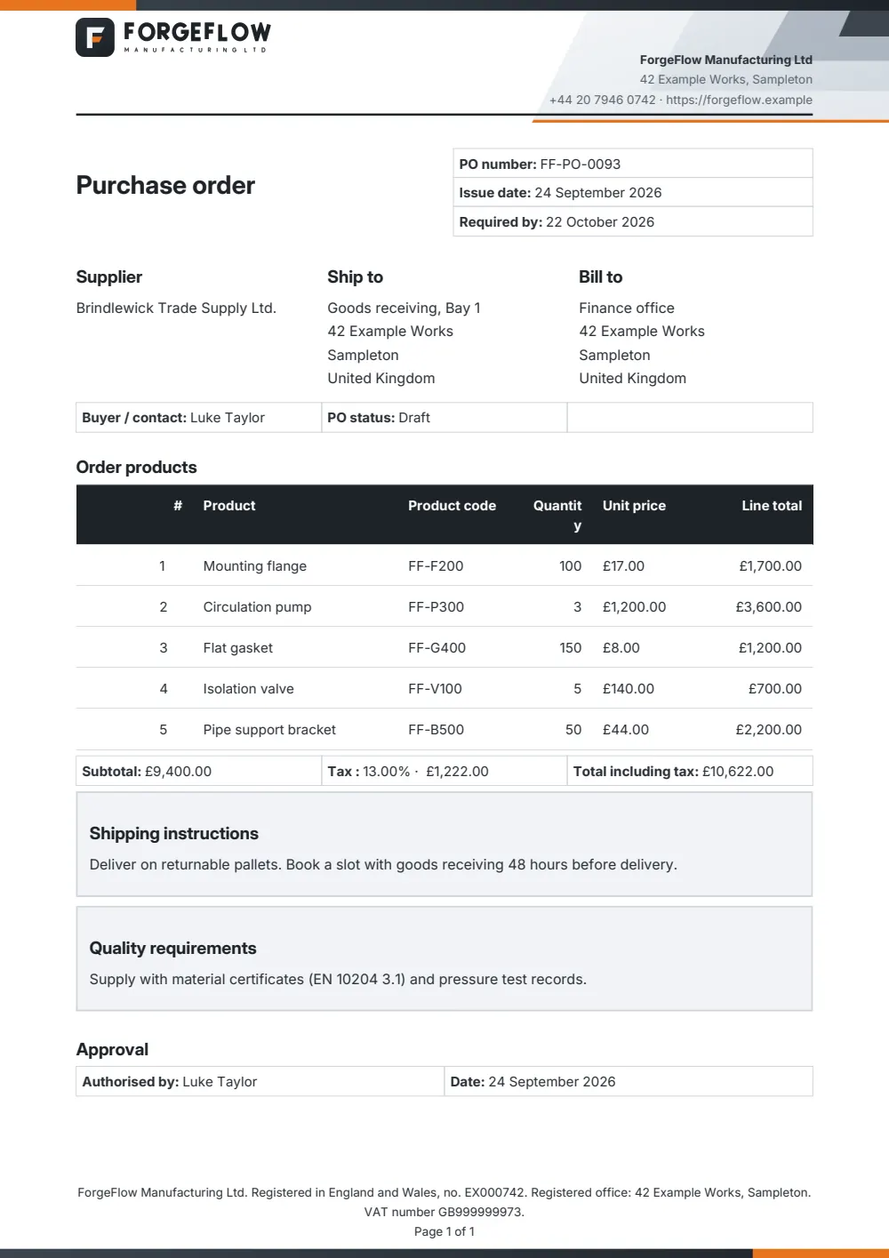 Page 1 of the branded purchase order starter, made with the ForgeFlow sample brand.