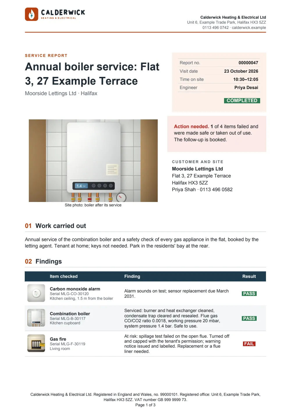 Page 1 of the branded service report starter, made with the Calderwick sample brand.