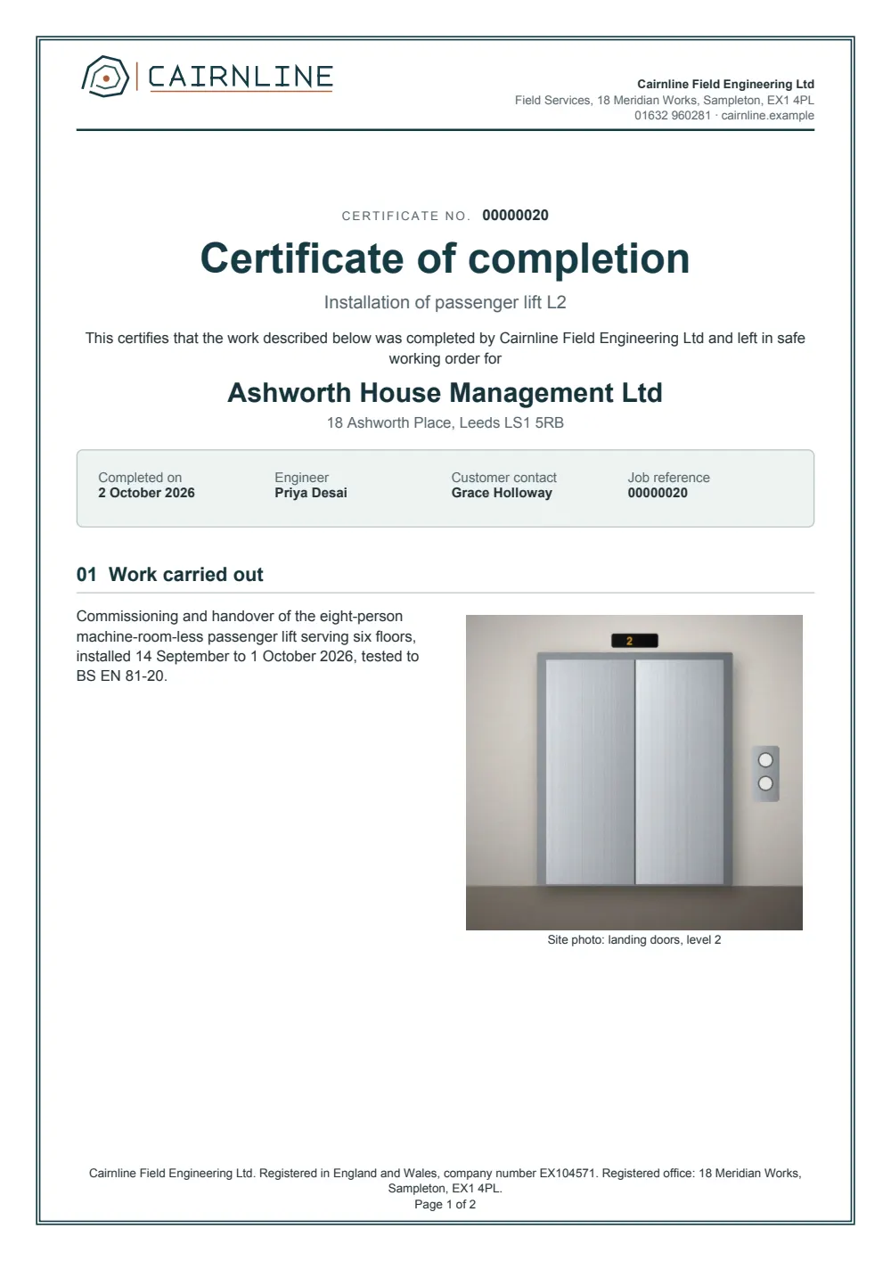 Page 1 of the completion certificate starter, made with the Cairnline Field Engineering sample brand.