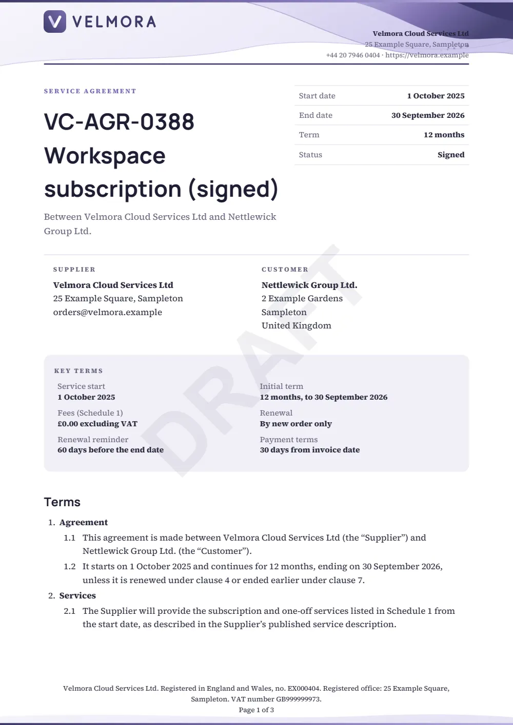 Page 1 of the service agreement starter, made with the Velmora sample brand.