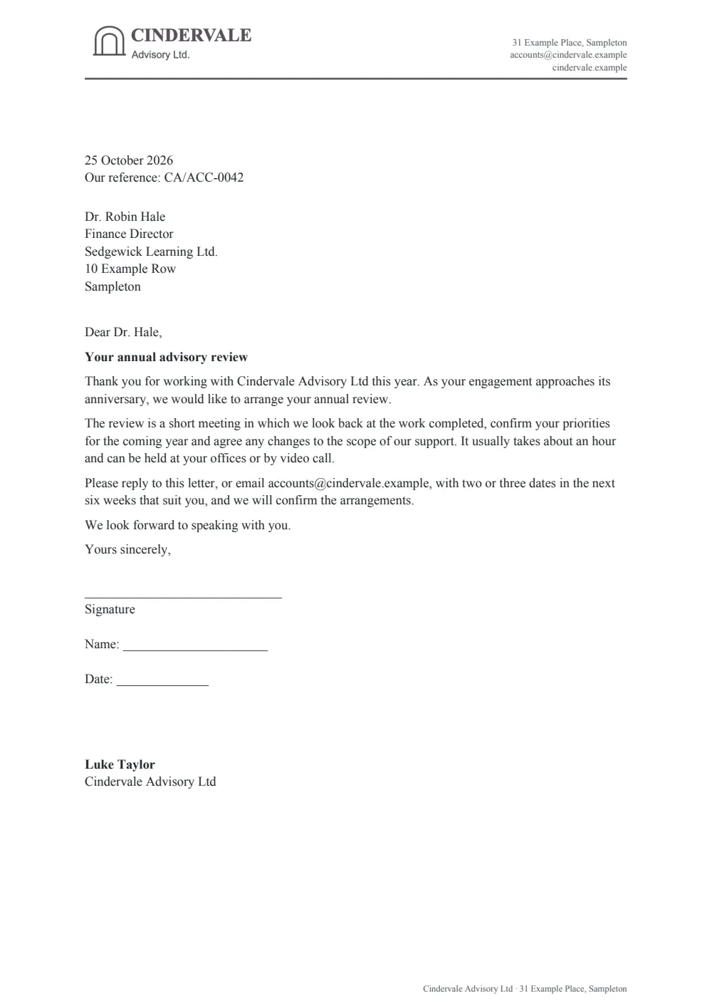Page 1 of the formal customer letter starter, made with the Cindervale sample brand.