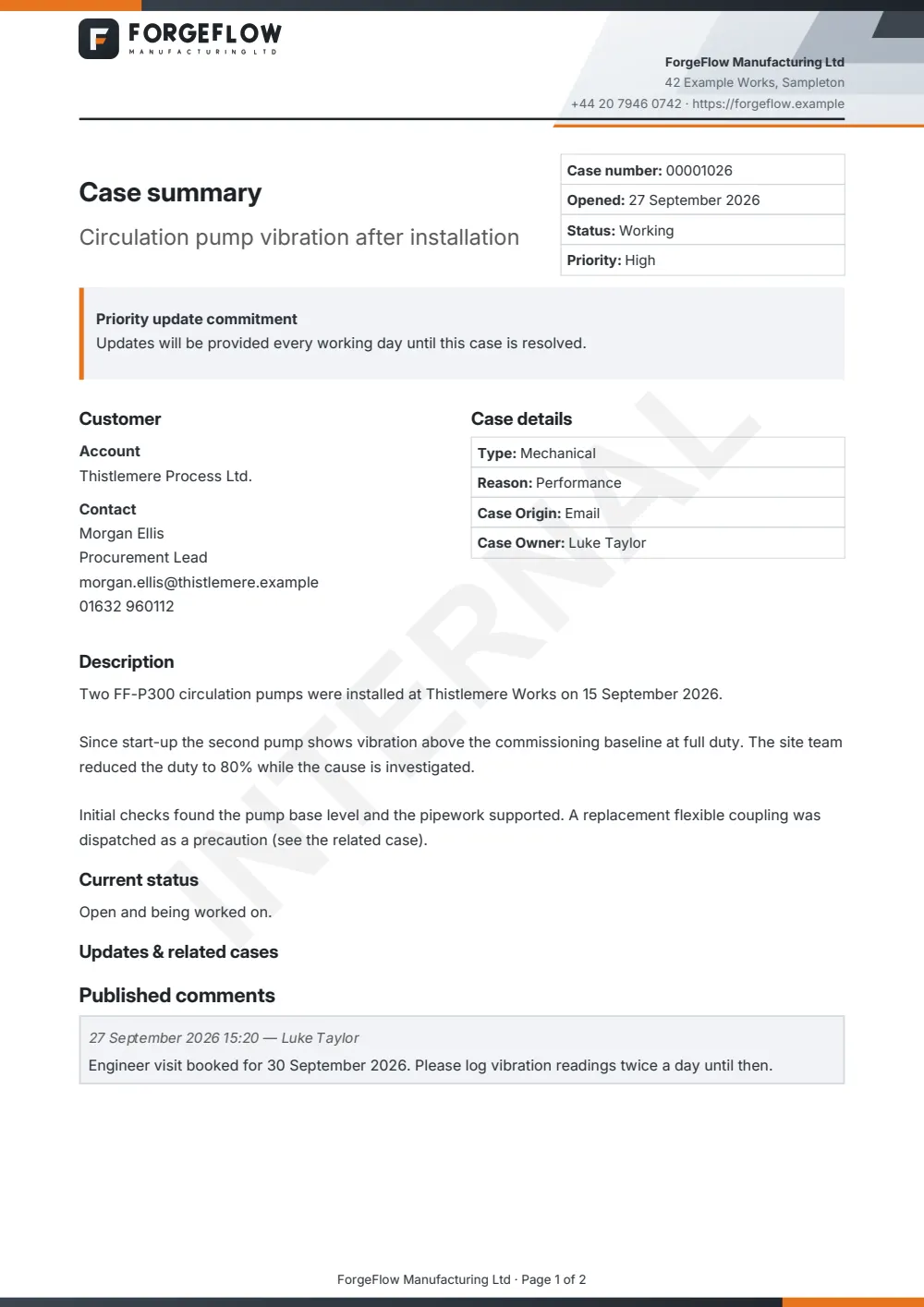 Page 1 of the case summary report starter, made with the ForgeFlow sample brand.