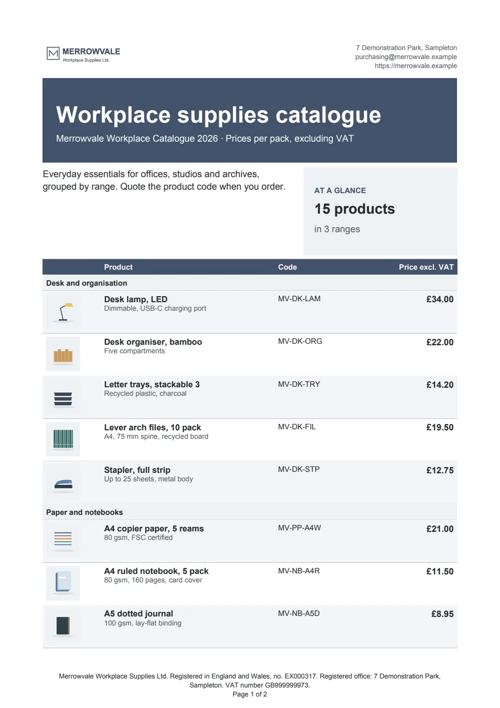 Page 1 of the product catalogue starter, made with the Merrowvale sample brand.
