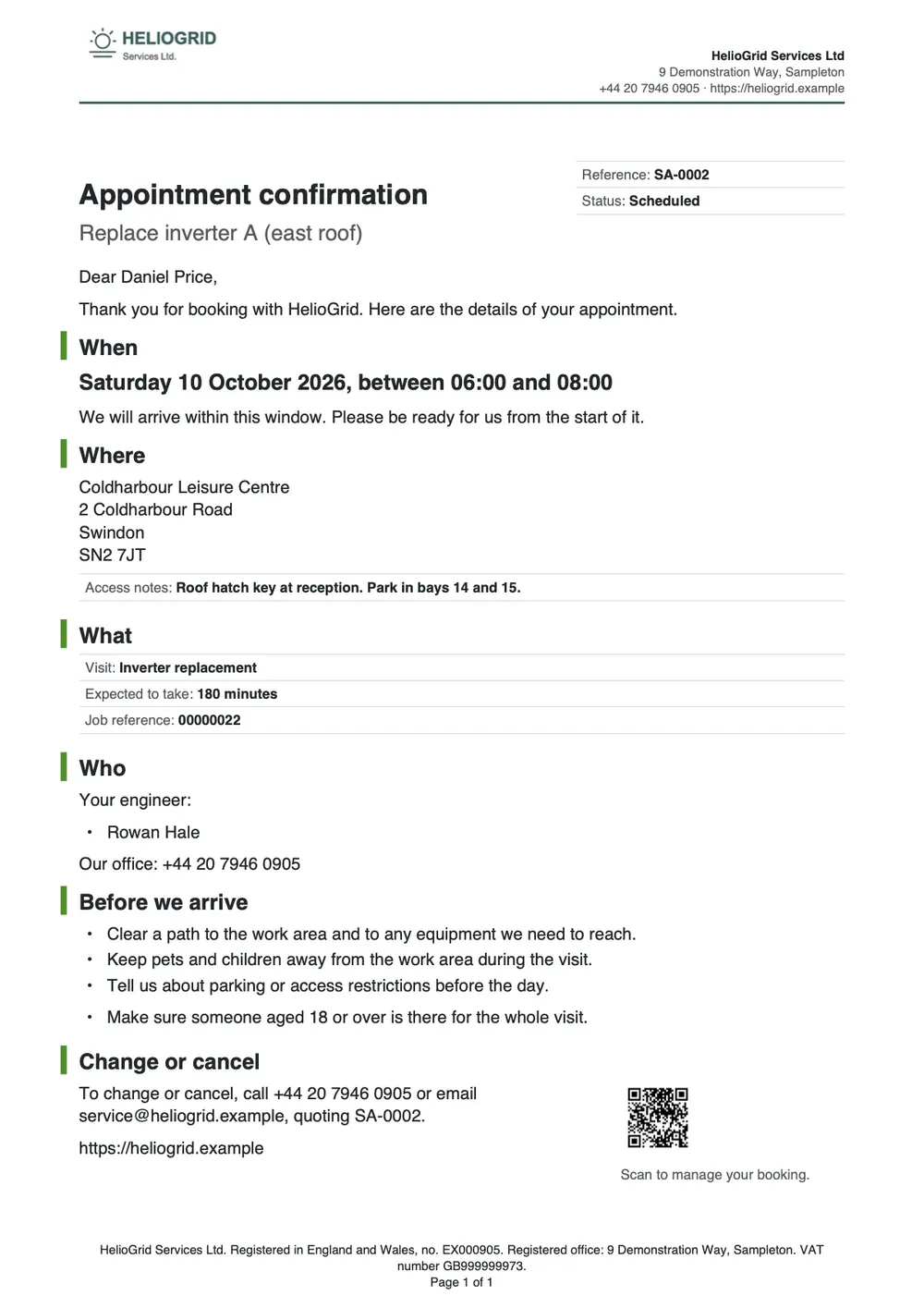 Page 1 of the appointment confirmation starter, made with the HelioGrid sample brand.