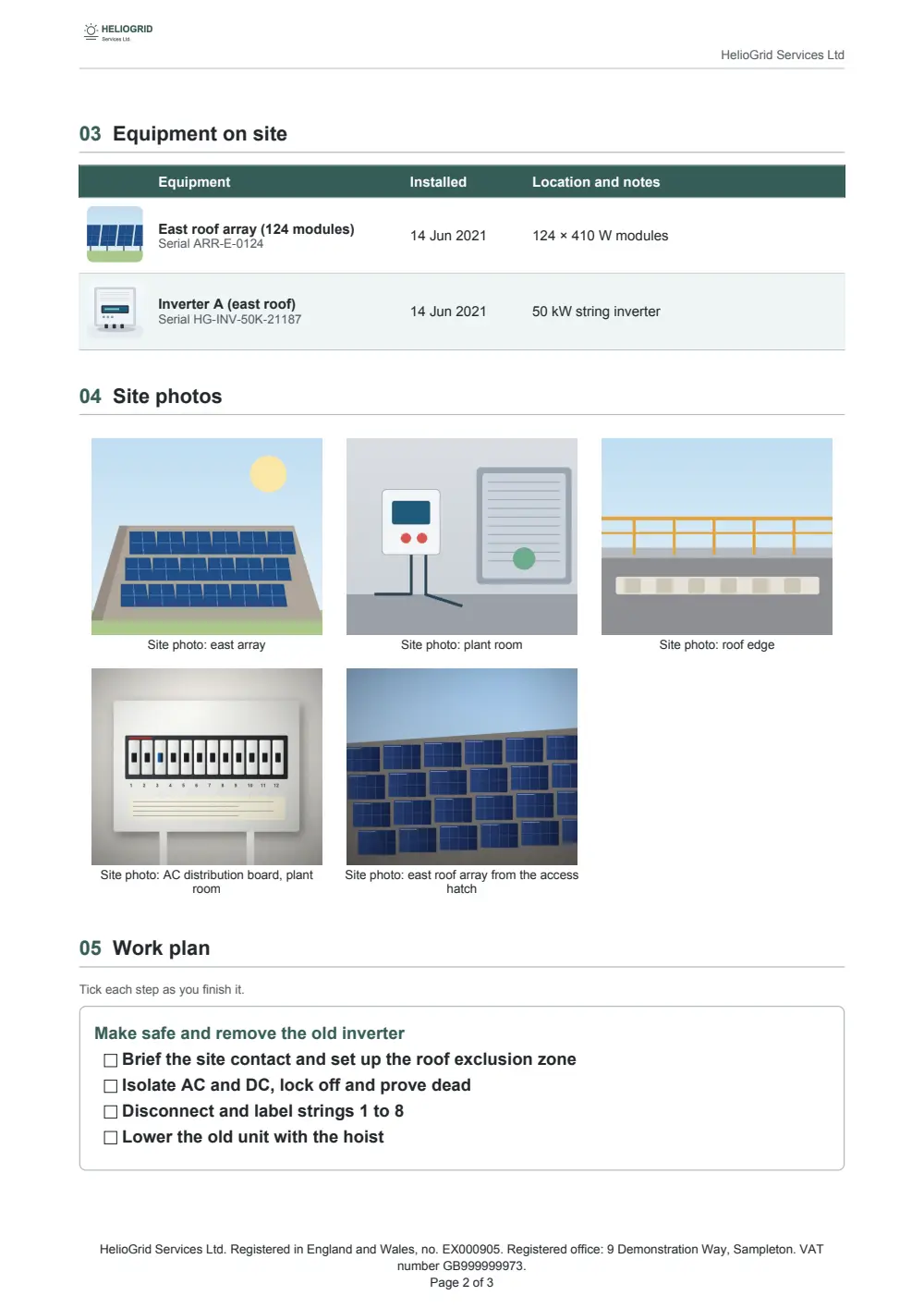 Page two of a HelioGrid job sheet: the equipment on site with a picture of each item, five site photos from earlier visits, and the work plan as tick-box steps under Make safe and remove the old inverter.