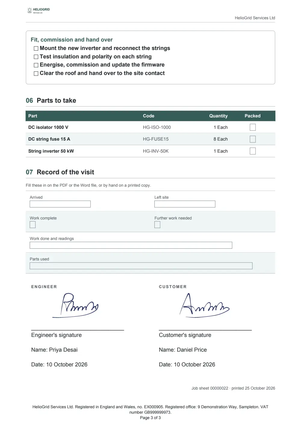 Page three of the job sheet: the rest of the work plan, the parts to take with a Packed tick box for each, fillable fields to record the visit (arrived, left site, work complete, further work needed, work done and readings, parts used) and the engineer's and customer's signatures.
