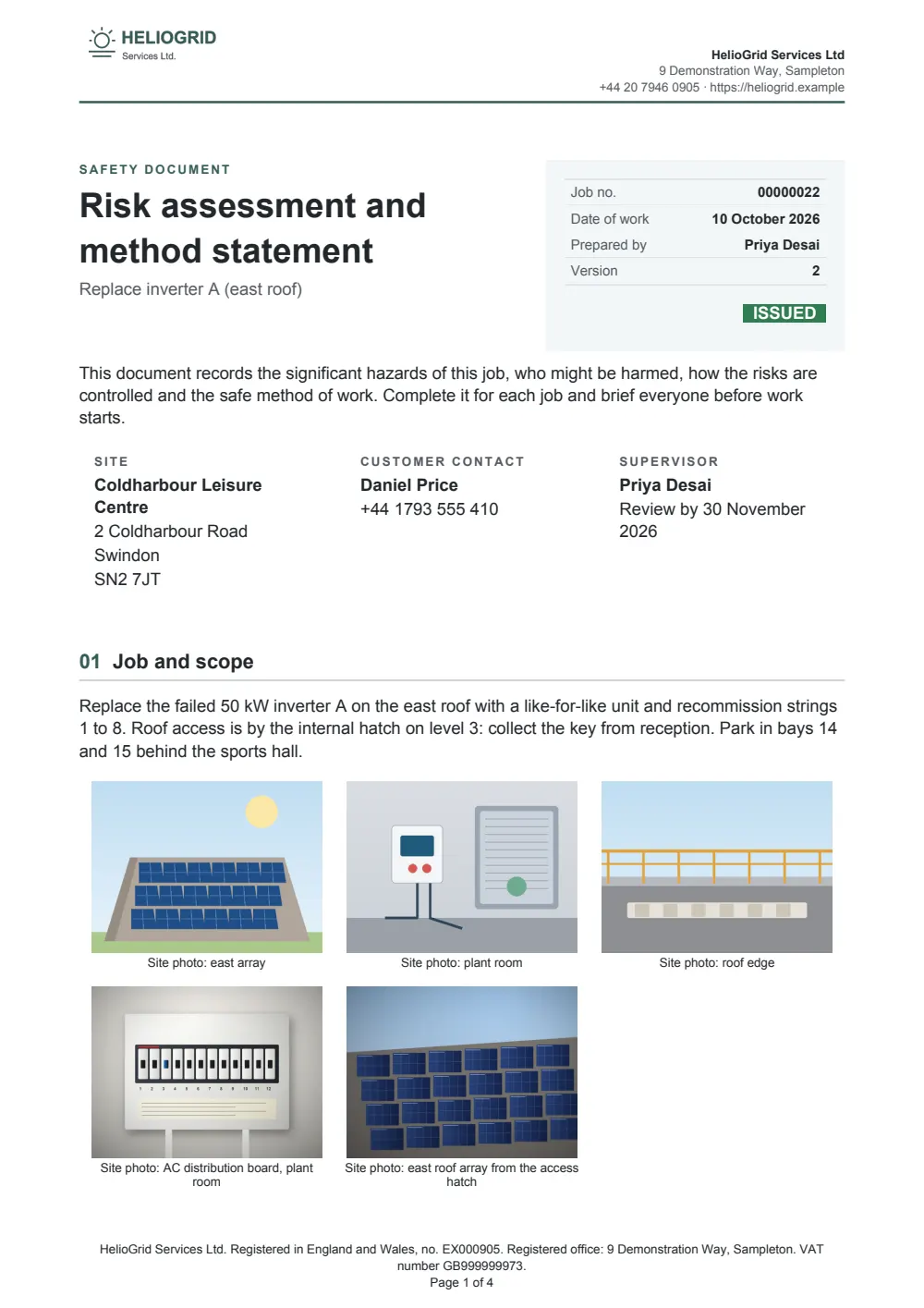 Page 1 of the risk assessment and method statement starter, made with the HelioGrid sample brand.