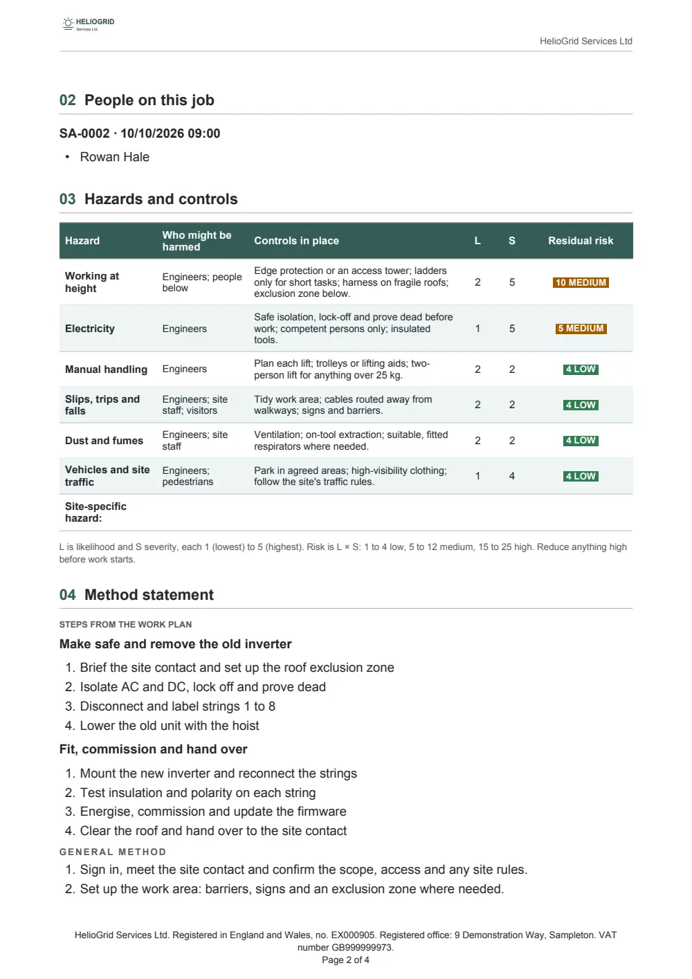 Page 2 of the risk assessment and method statement.