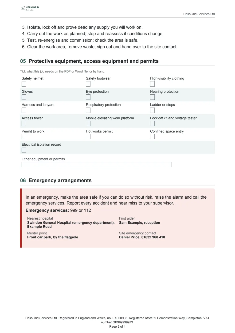 Page 3 of the risk assessment and method statement.