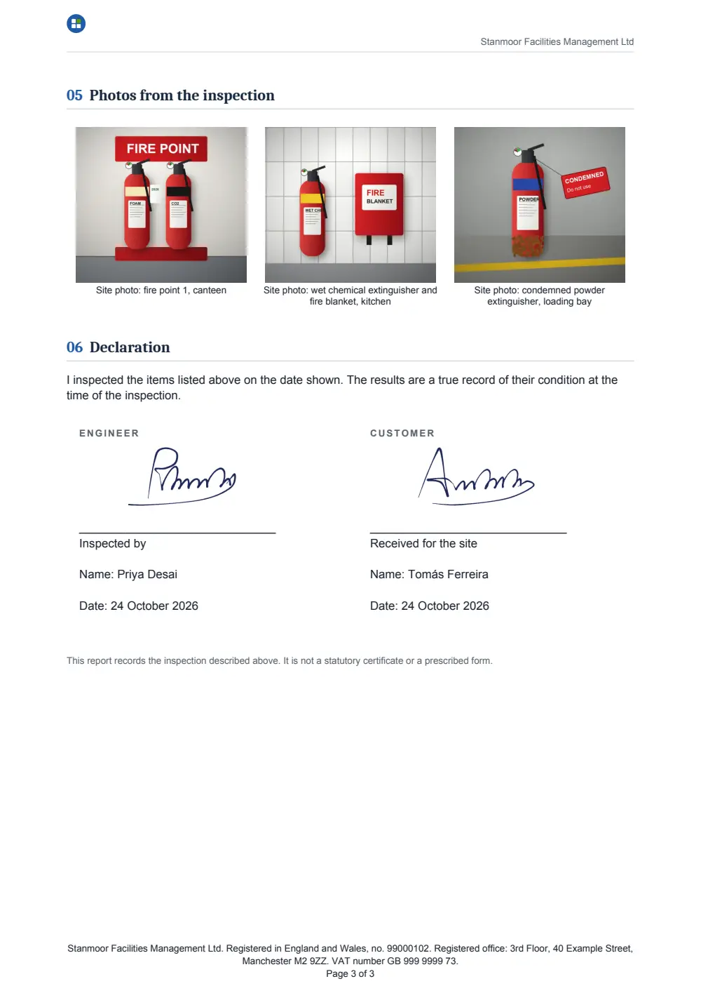 Page three of the inspection report: three photos from the inspection, including the condemned powder extinguisher, then the declaration with the engineer's and the site contact's drawn signatures, names and dates.