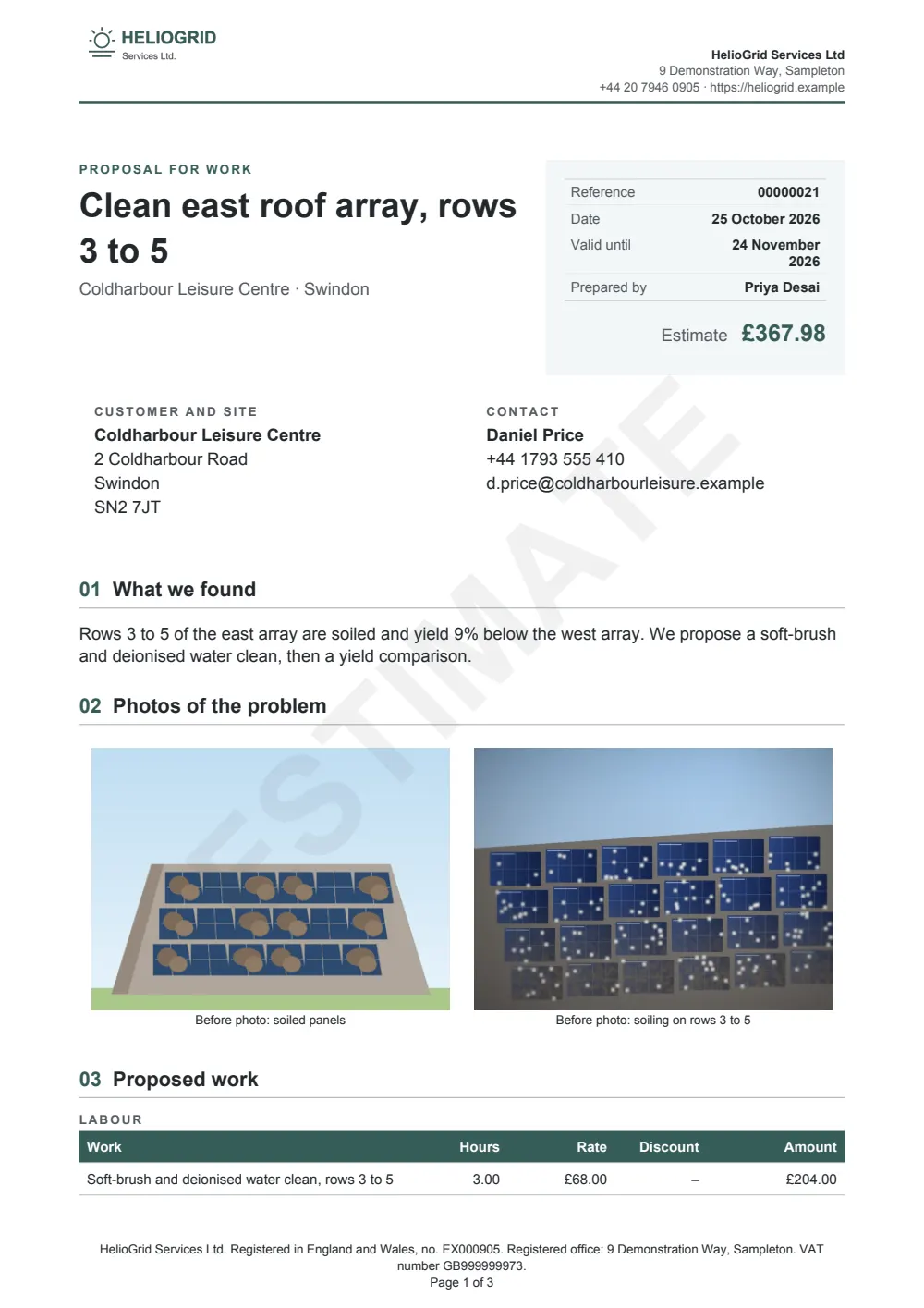 Page 1 of the job estimate starter, made with the HelioGrid sample brand.