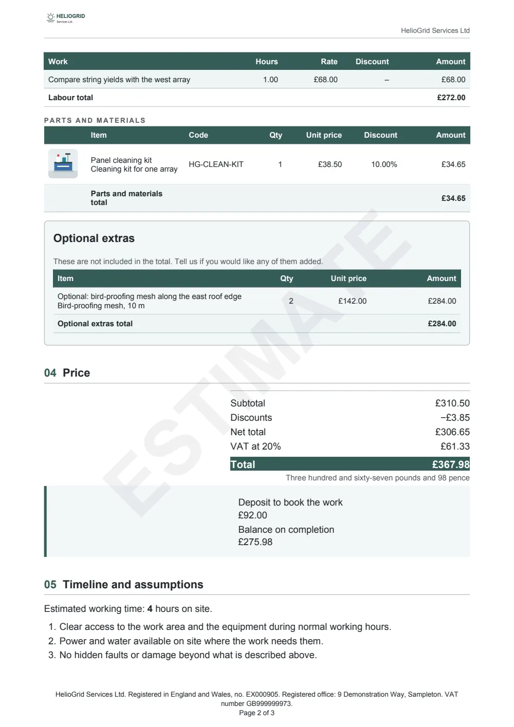 Page 2 of the job estimate.