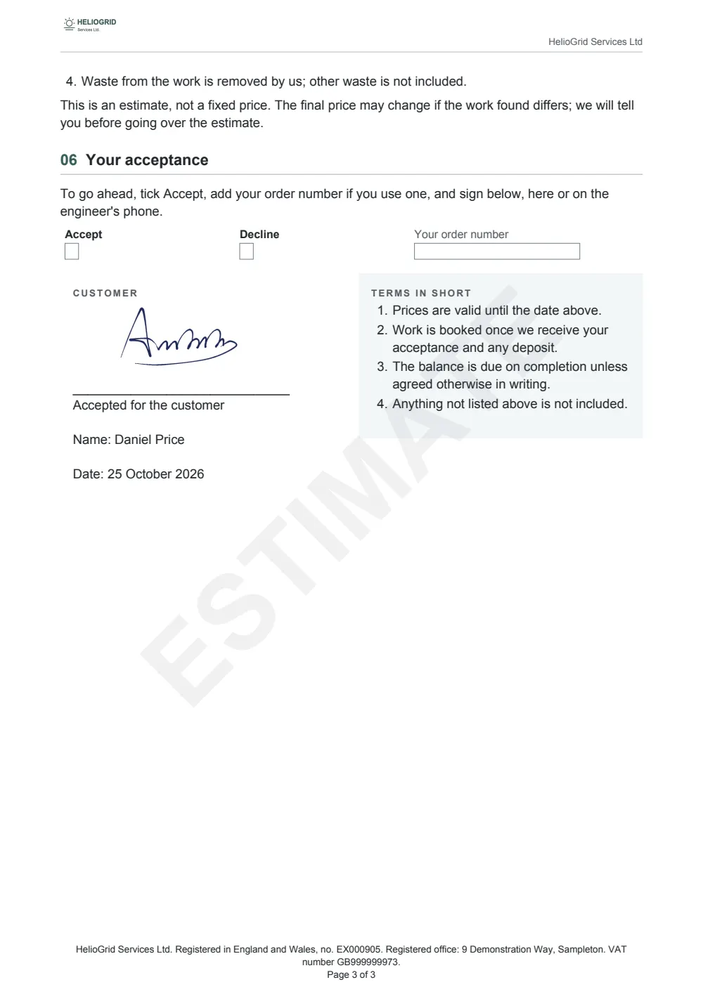 Page 3 of the job estimate.