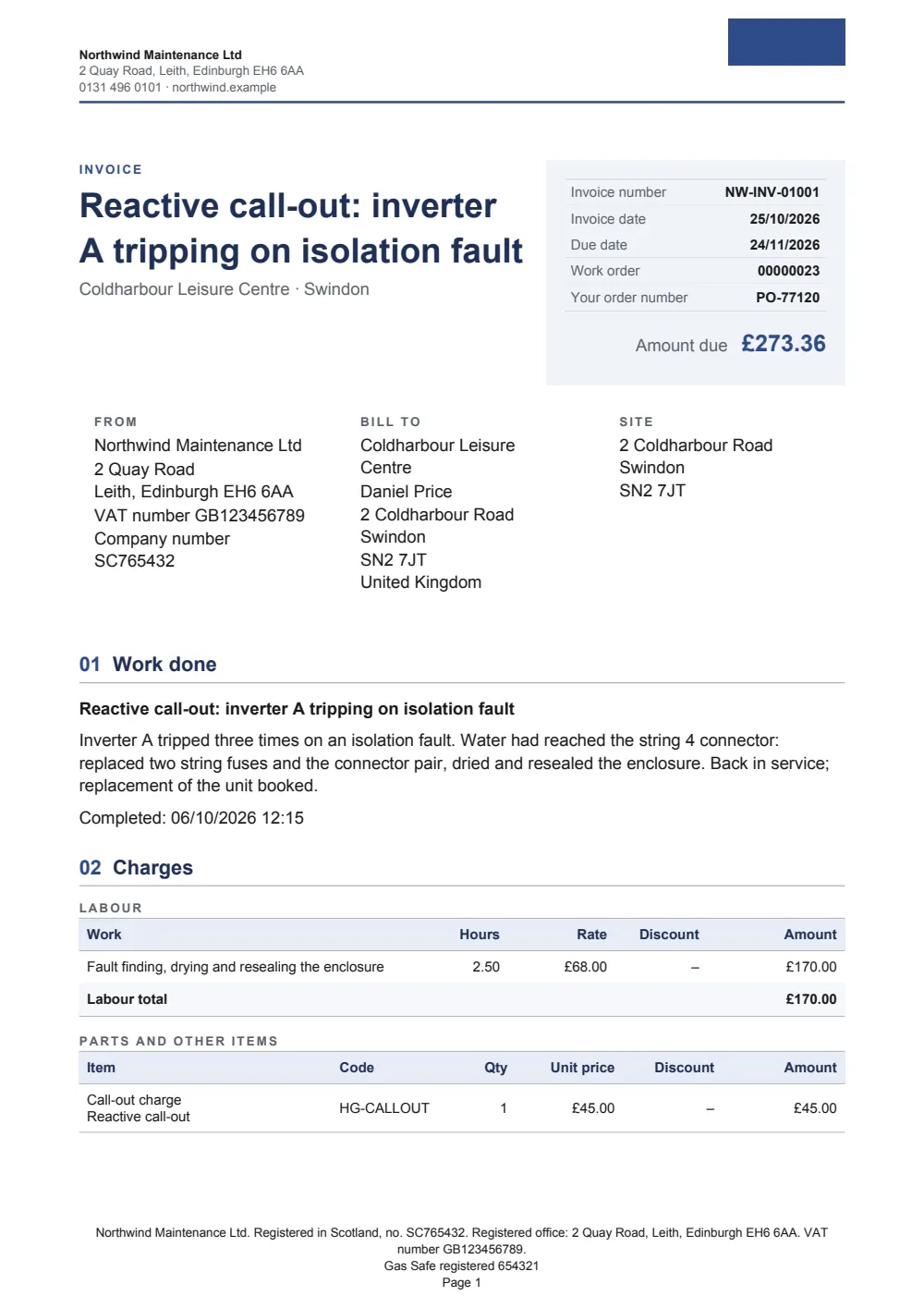 Page 1 of the job invoice starter, made with the Northwind sample brand.