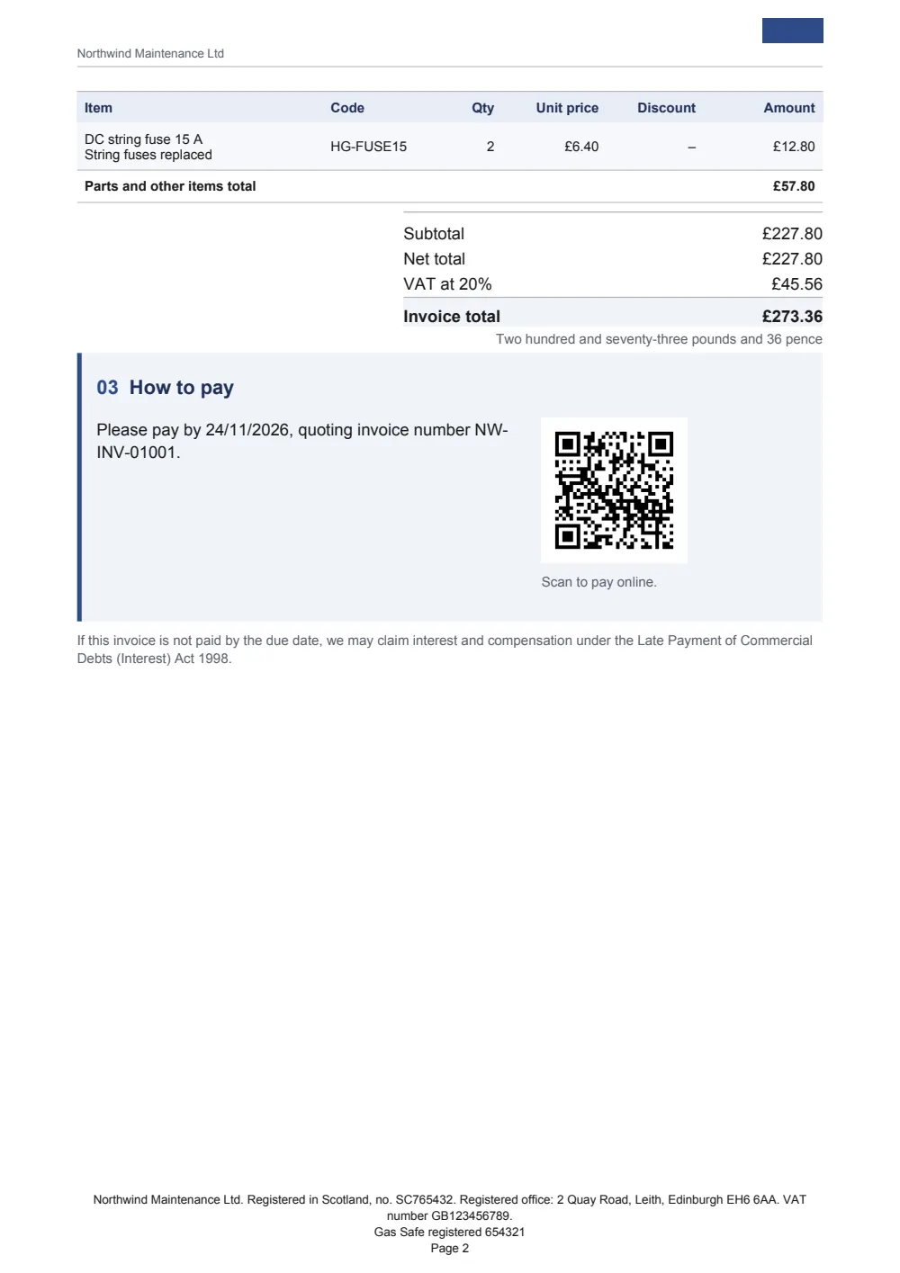 Page 2 of the job invoice.