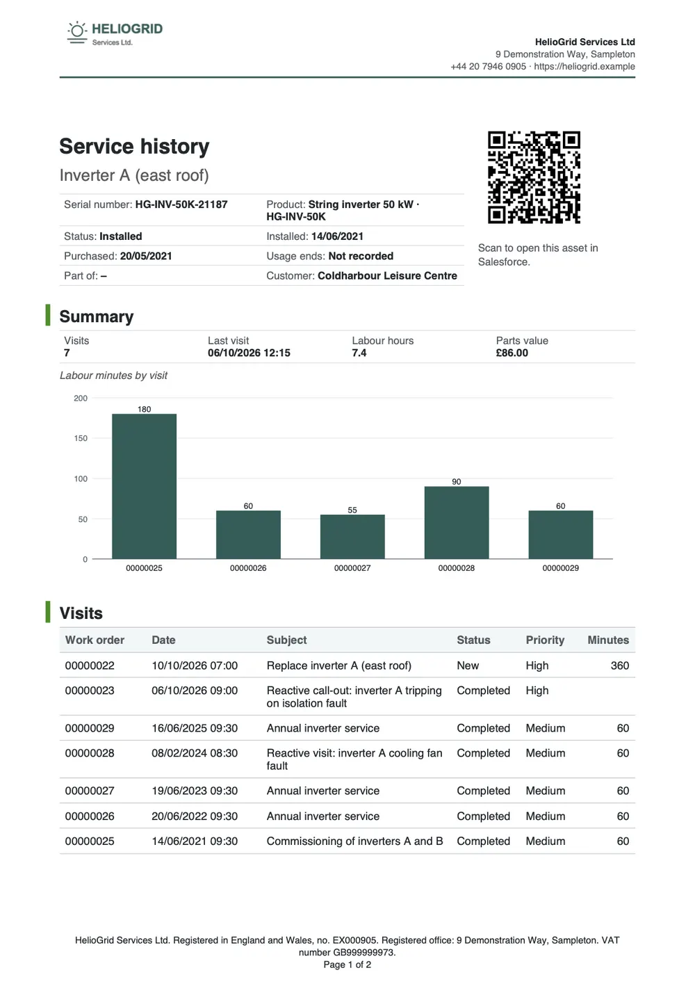 Page 1 of the asset service history starter, made with the HelioGrid sample brand.