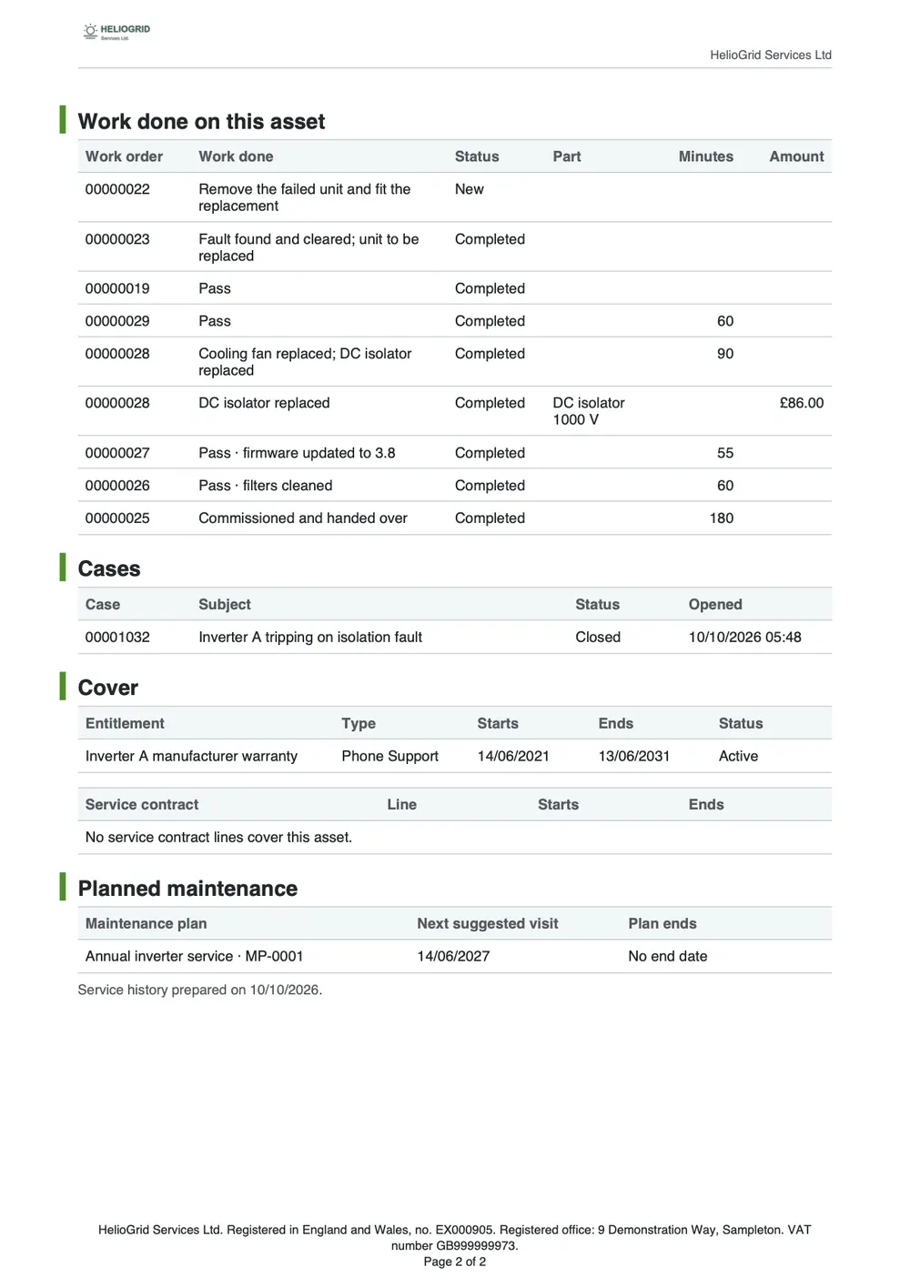 Page 2 of the asset service history.