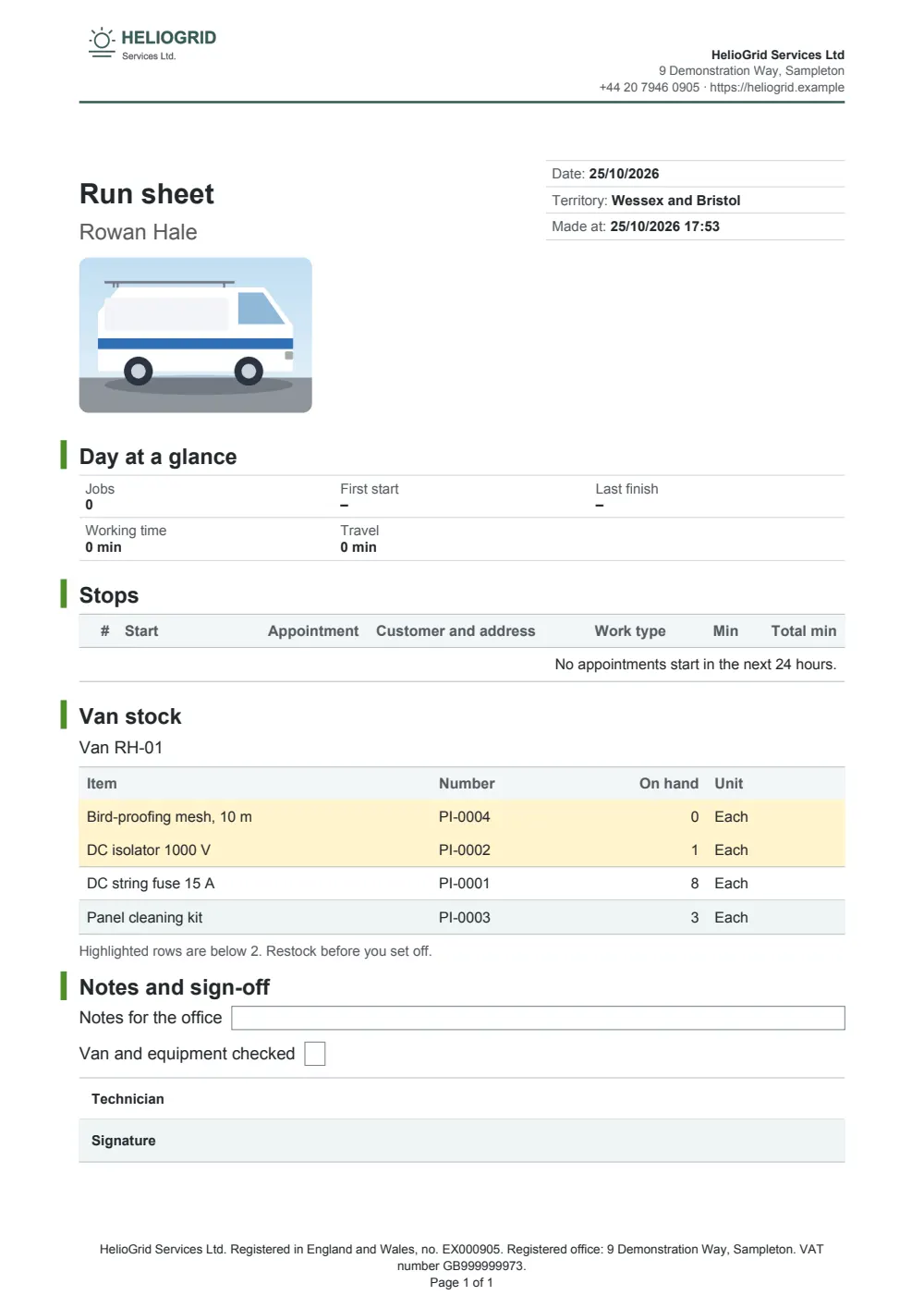 Page 1 of the technician run sheet starter, made with the HelioGrid sample brand.
