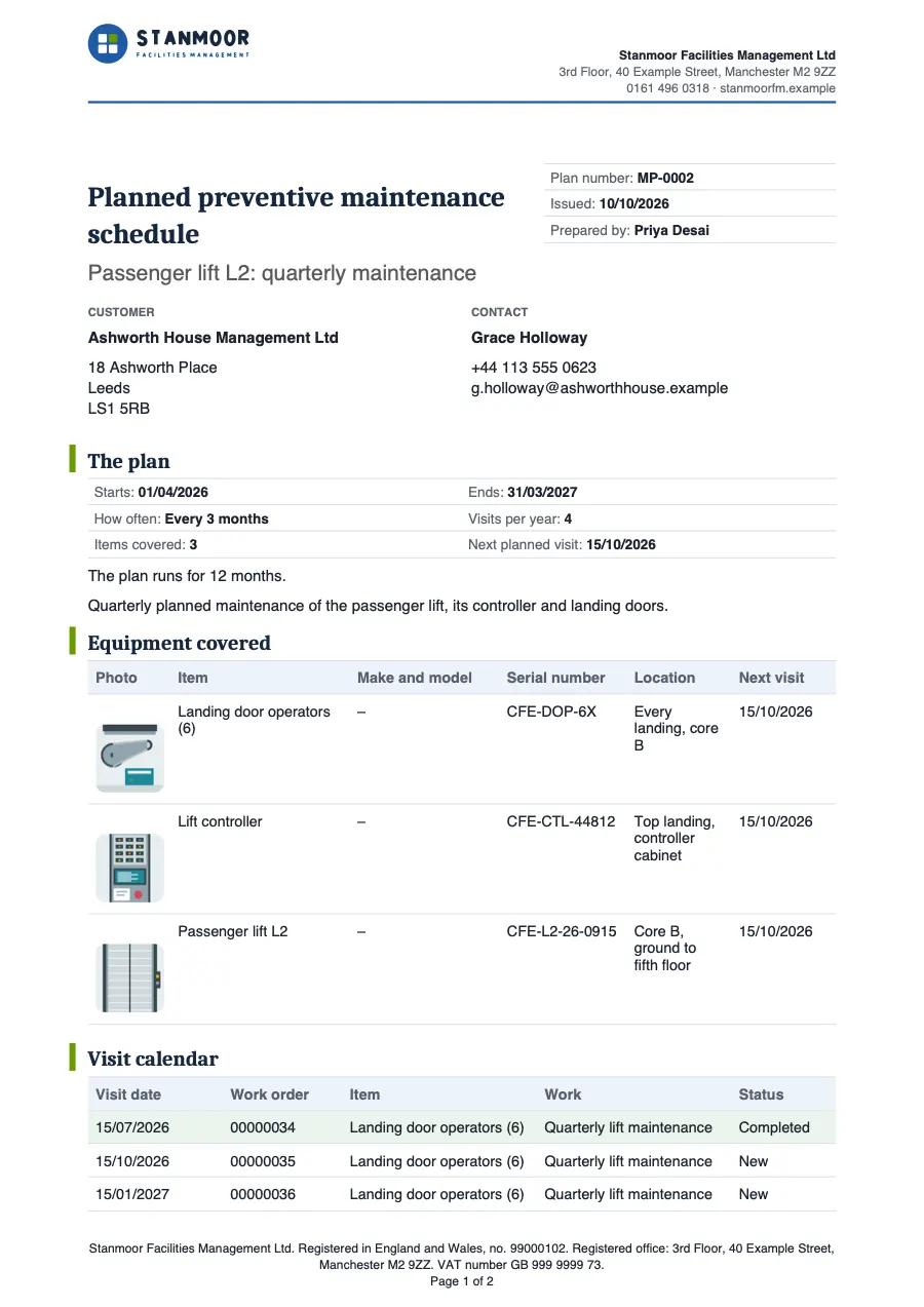 Page 1 of the planned maintenance schedule starter, made with the HelioGrid sample brand.