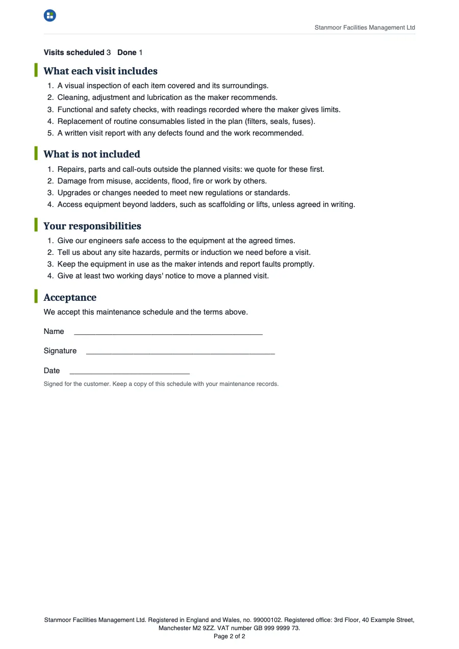Page 2 of the planned maintenance schedule.