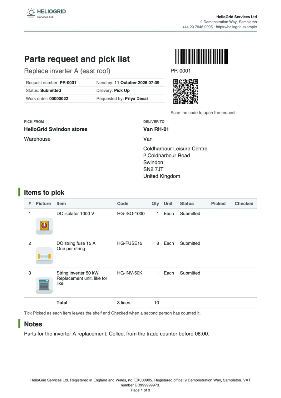 Page 1 of the parts request and pick list starter, made with the HelioGrid sample brand.