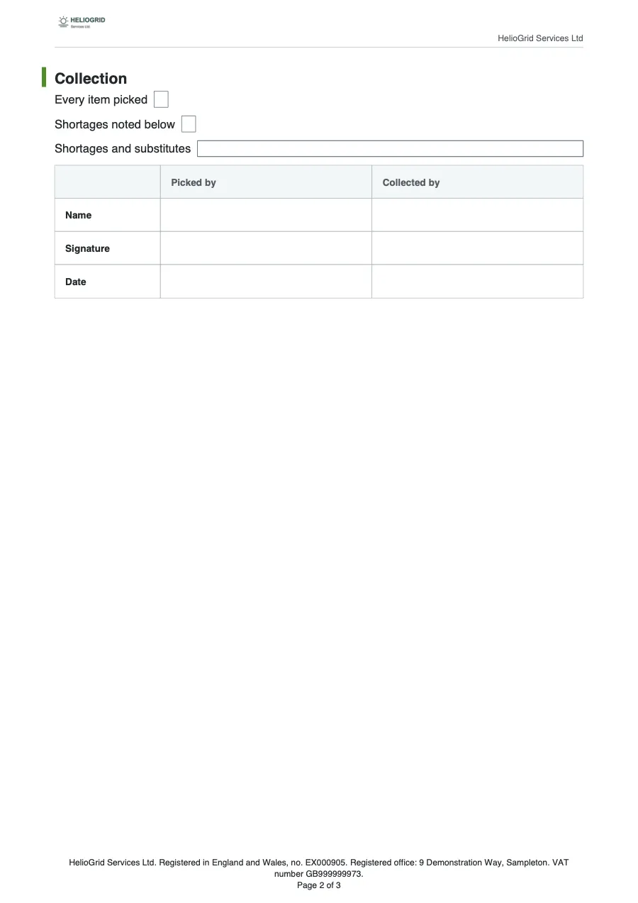 Page 2 of the parts request and pick list.