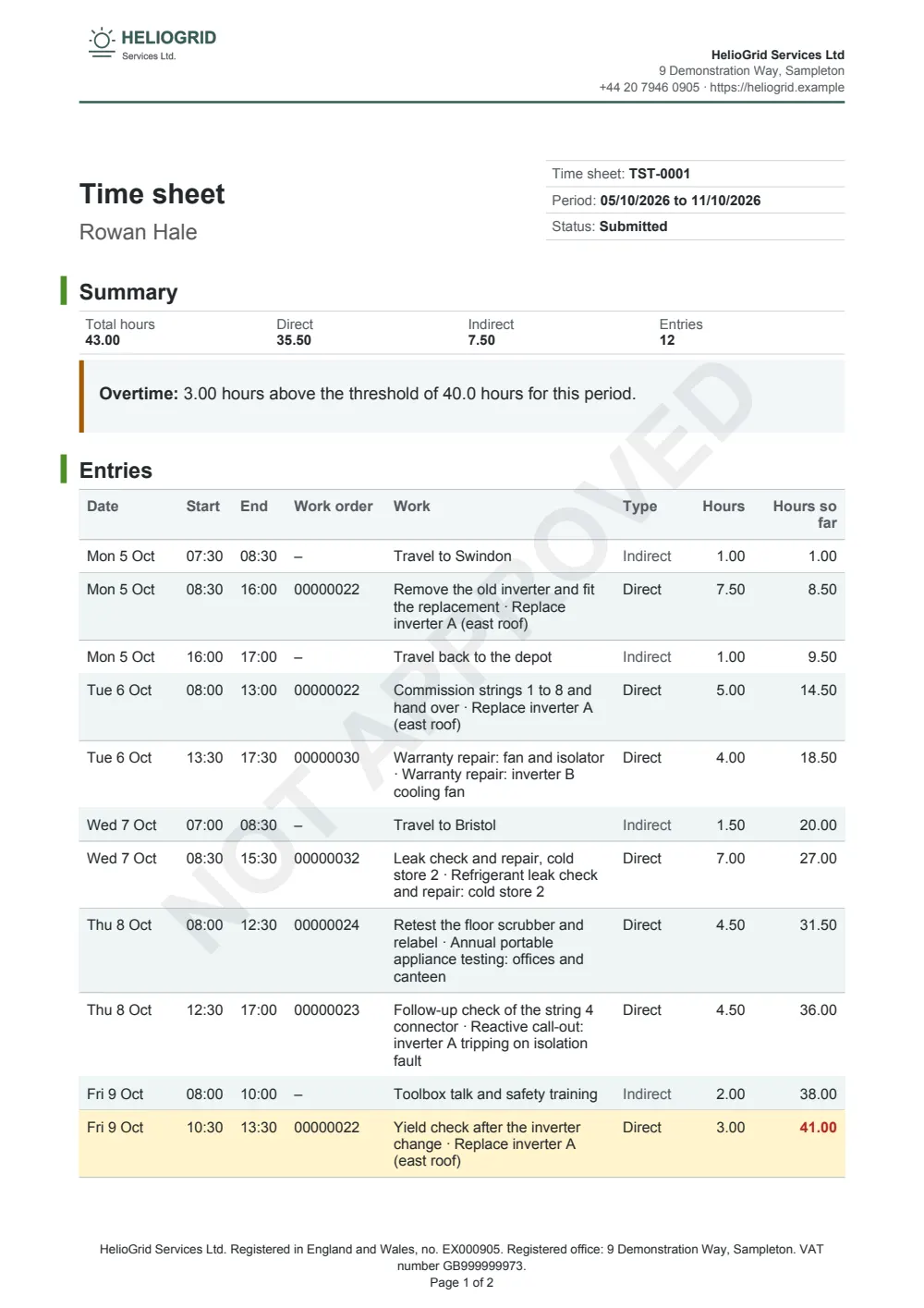 Page 1 of the time sheet starter, made with the HelioGrid sample brand.