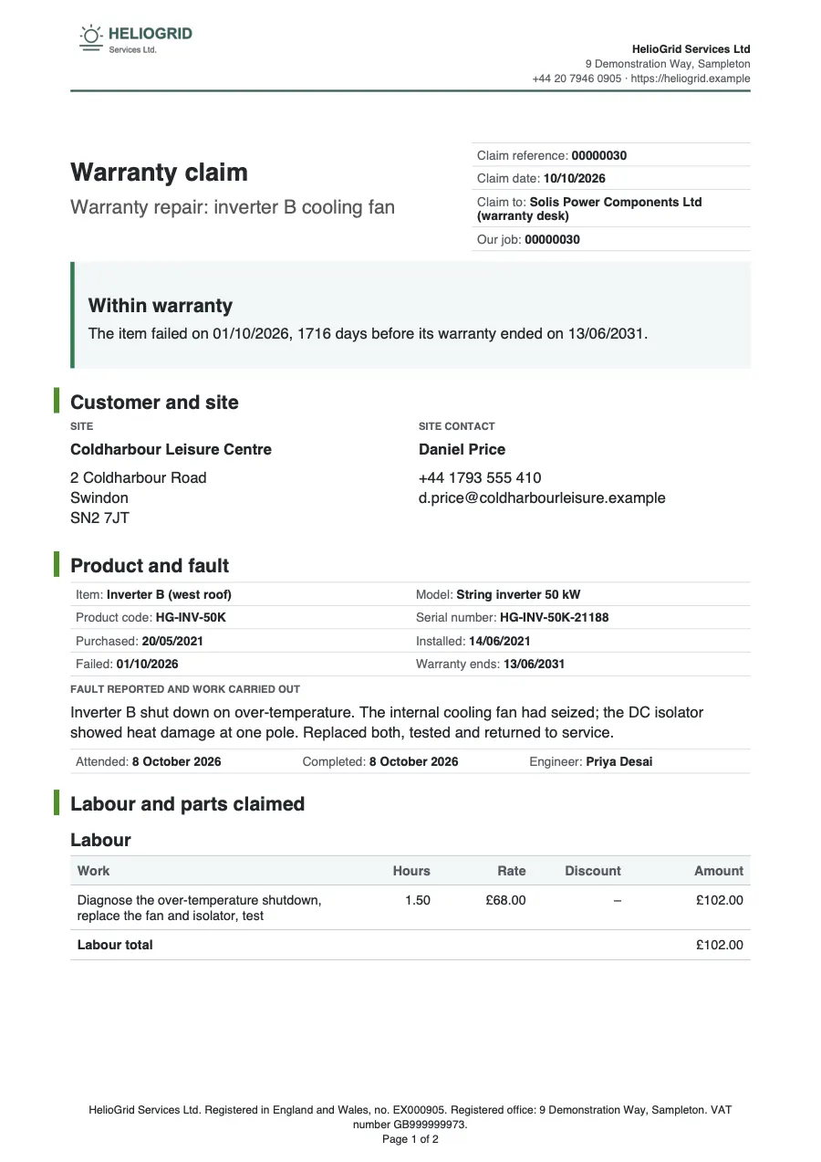 Page 1 of the warranty claim starter, made with the HelioGrid sample brand.