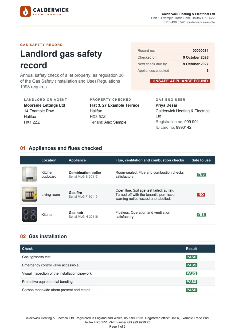 Page 1 of the landlord gas safety record starter, made with the Calderwick Heating & Electrical sample brand.