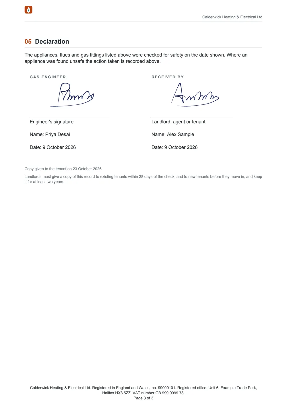 Page 3 of the landlord gas safety record.