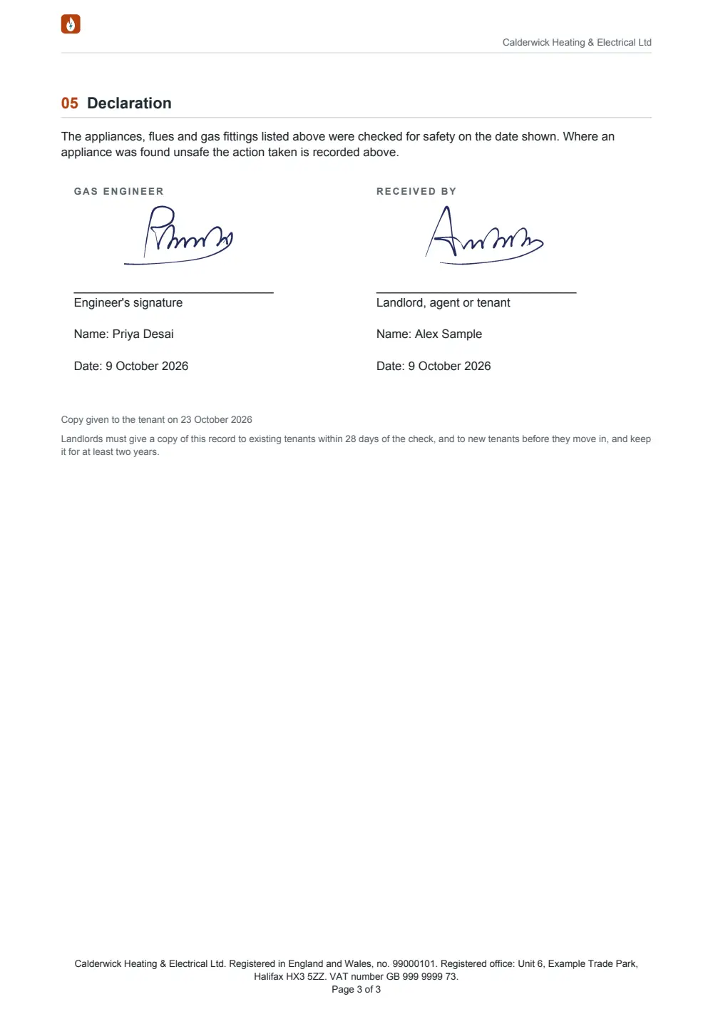 Page three of the landlord gas safety record: the declaration, the gas engineer's and the tenant's drawn signatures with names and the date, the date the copy was given to the tenant, and the note on giving and keeping copies.