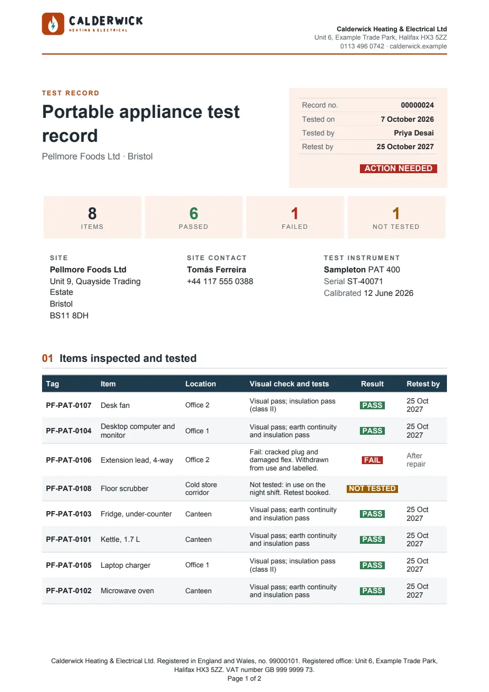 Page 1 of the pat test record starter, made with the Calderwick Heating & Electrical sample brand.