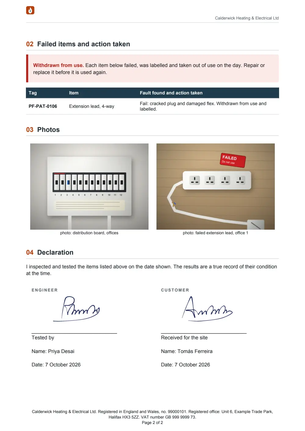 Page two of the Calderwick portable appliance test record: a red Withdrawn from use notice and the failed extension lead with the fault and action taken, two photos including the lead with a Failed label, and the declaration with the tester's and the site contact's drawn signatures.