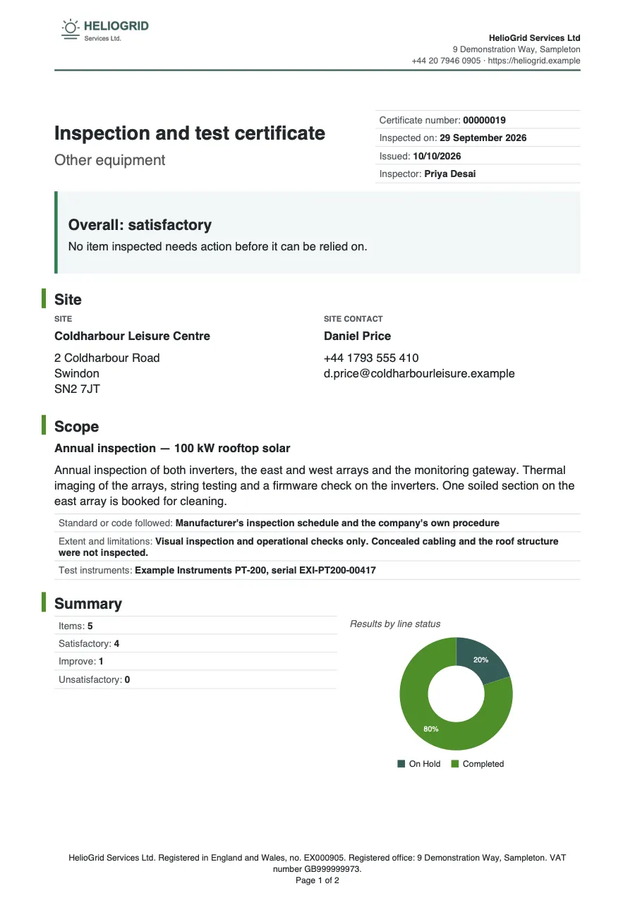 Page 1 of the inspection and test certificate starter, made with the HelioGrid sample brand.