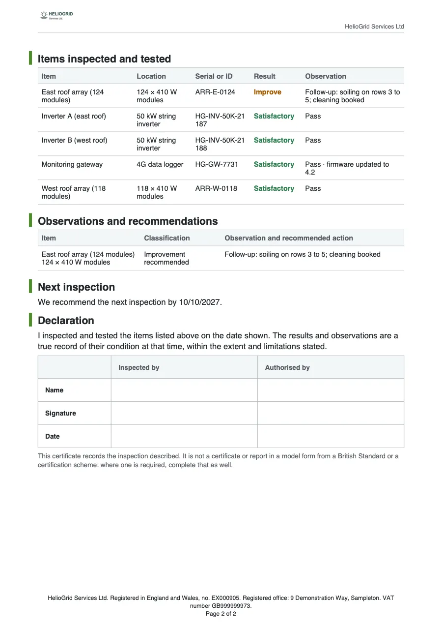 Page 2 of the inspection and test certificate.