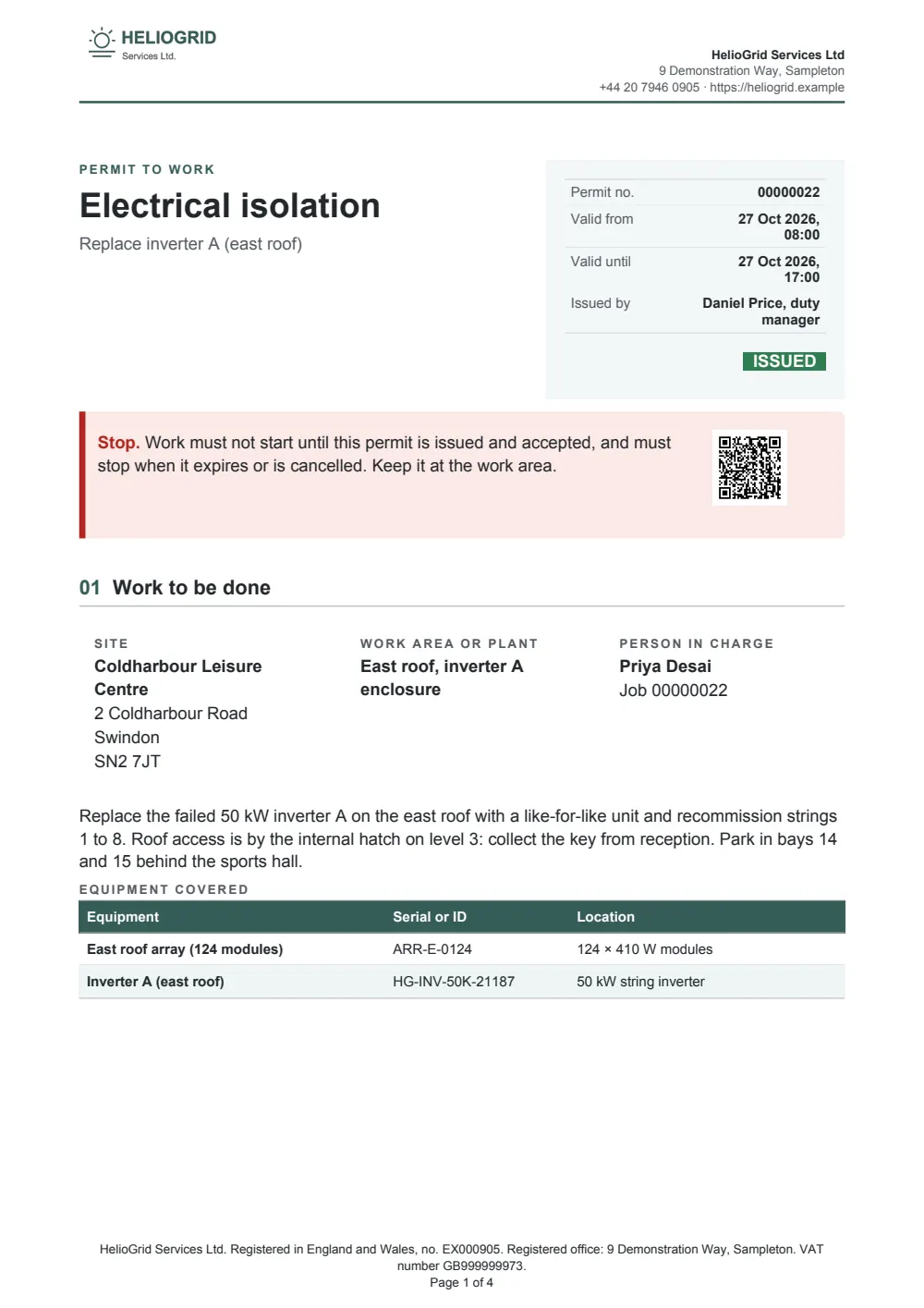 Page 1 of the permit to work starter, made with the HelioGrid sample brand.