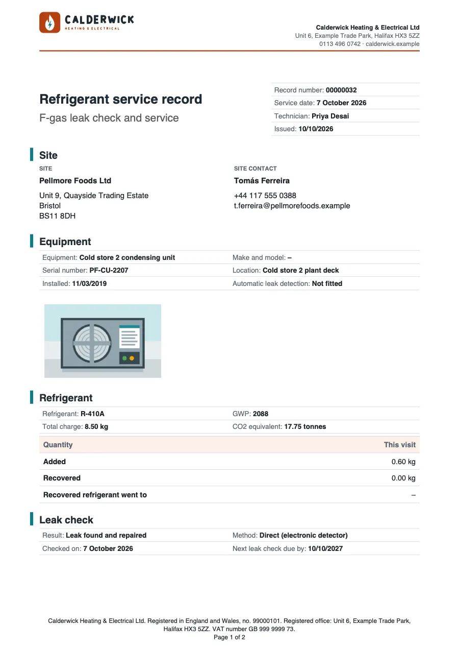 Page 1 of the refrigerant service record starter, made with the HelioGrid sample brand.