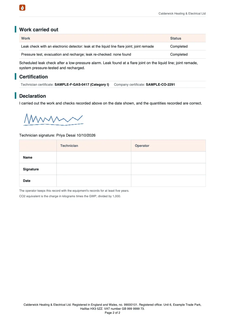 Page 2 of the refrigerant service record.