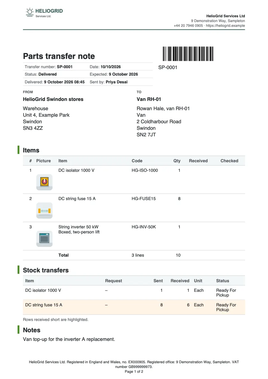 Page 1 of the parts transfer note starter, made with the HelioGrid sample brand.